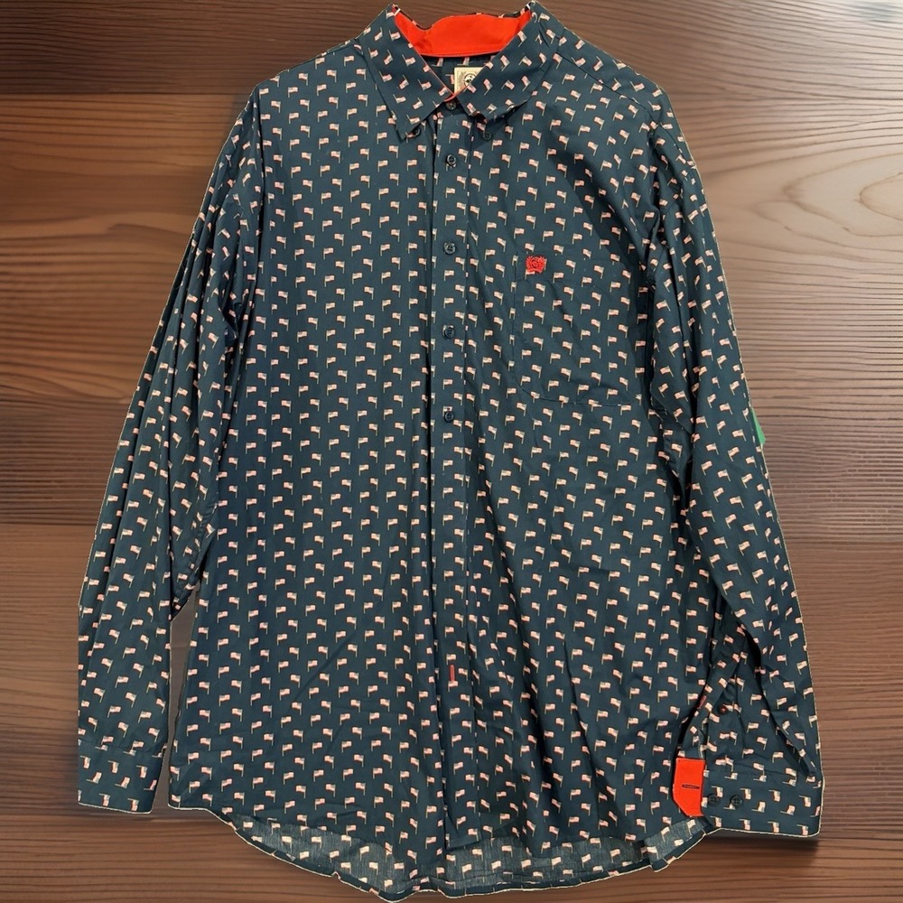 Cinch Mens XL Blue Flag Print Long Sleeve Button Down Button Up Shirt Pockets